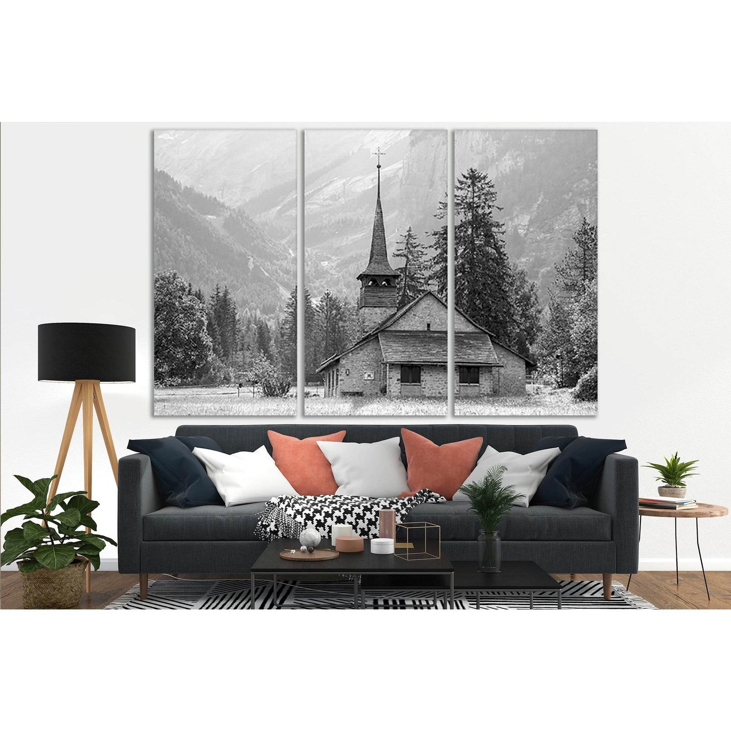 Church In The Mountains Black And White №SL832 Ready to Hang Canvas Print - Zellart Canvas Prints 0new, ALL_Products, Black & White Wall Art