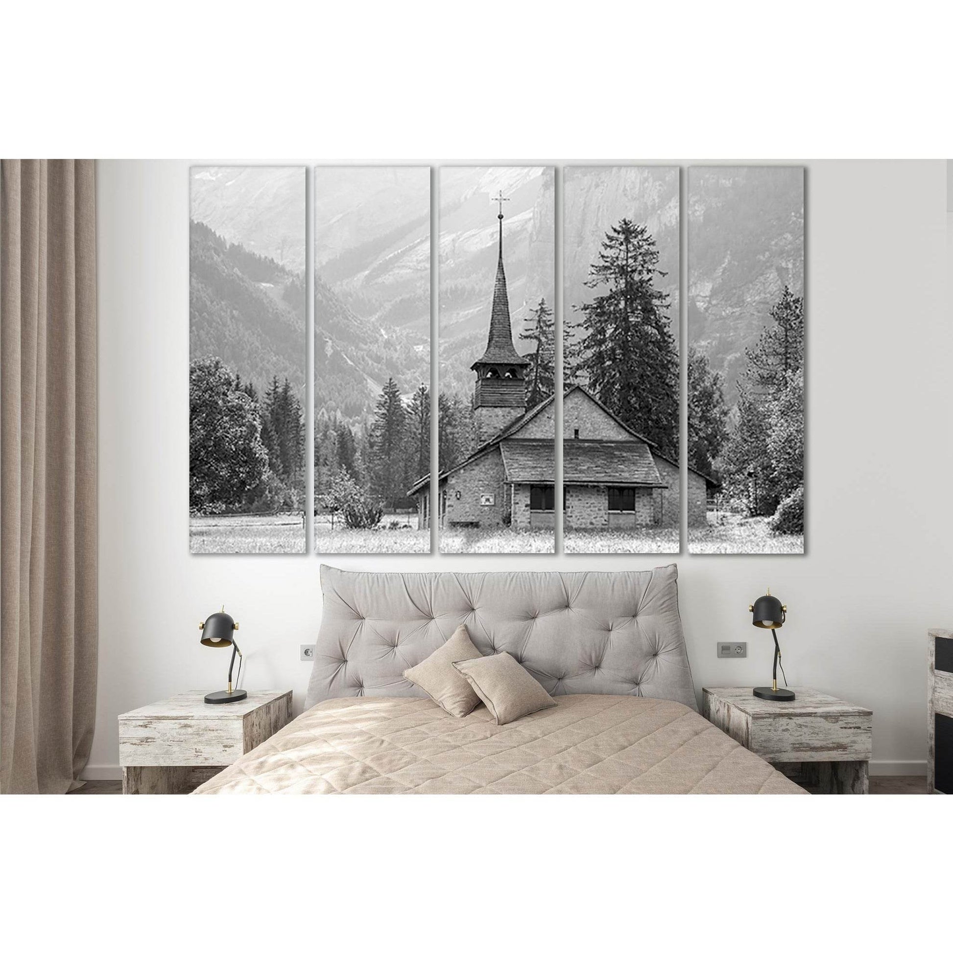 Church In The Mountains Black And White №SL832 Ready to Hang Canvas Print - Zellart Canvas Prints 0new, ALL_Products, Black & White Wall Art