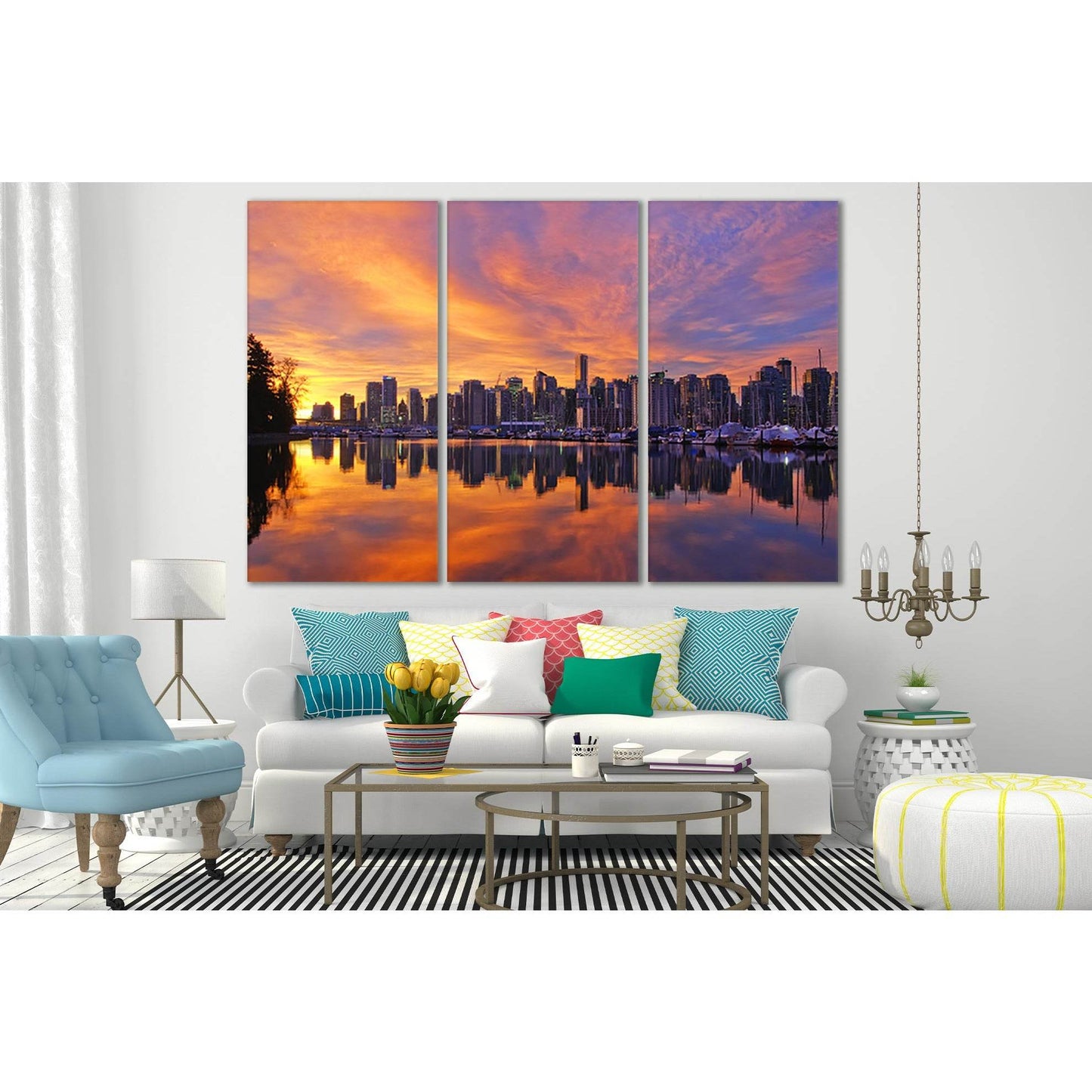 City Reflection In The River Sunset №SL268 Ready to Hang Canvas Print - Zellart Canvas Prints 0new, ALL_Products, SUNRISE & SUNSET WALL ART