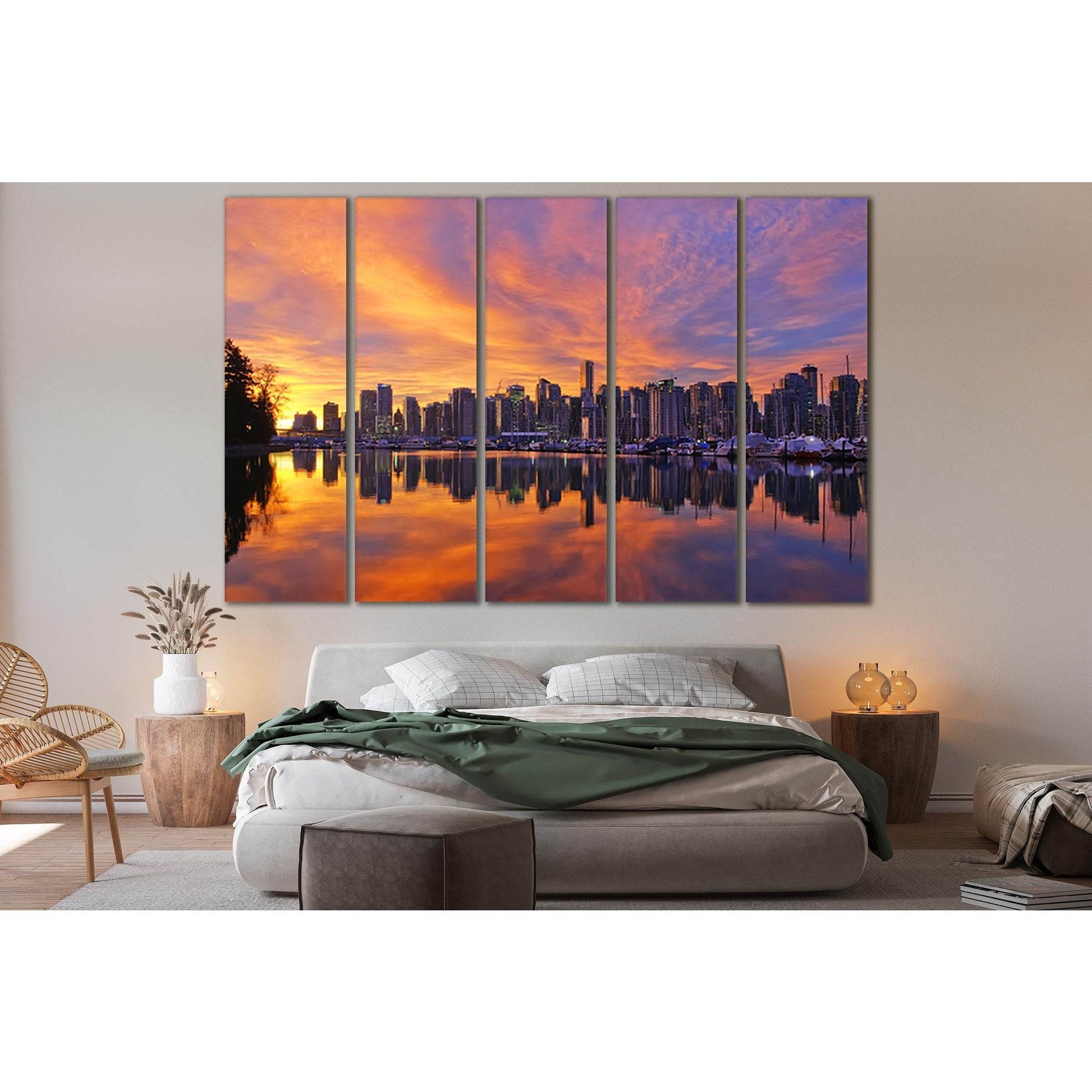 City Reflection In The River Sunset №SL268 Ready to Hang Canvas Print - Zellart Canvas Prints 0new, ALL_Products, SUNRISE & SUNSET WALL ART