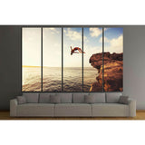 Cliff Jumping into the Ocean at Sunset, Summer Fun Lifestyle №1380 Ready to Hang Canvas Print