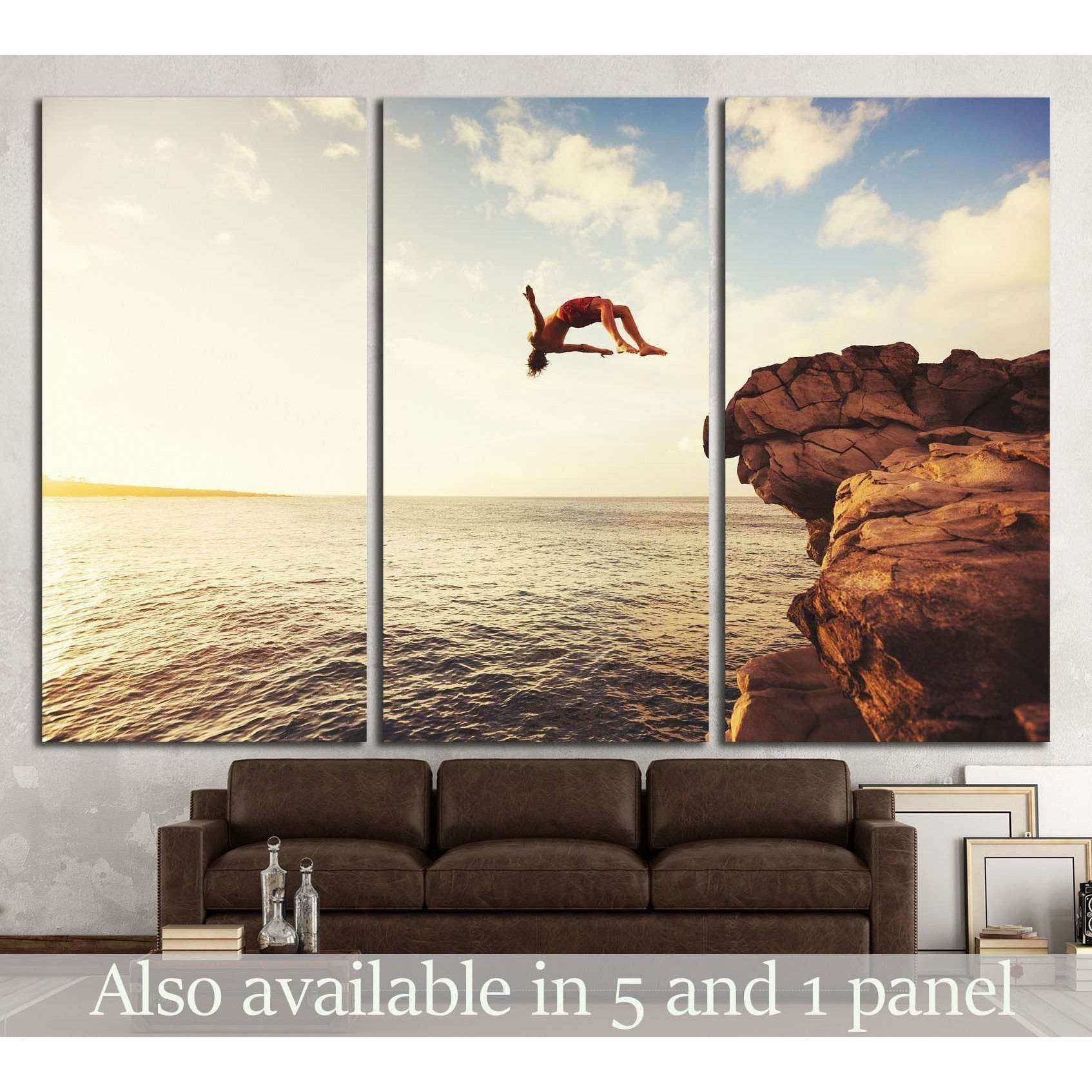 Cliff Jumping into the Ocean at Sunset, Summer Fun Lifestyle №1380 Ready to Hang Canvas PrintCanvas art arrives ready to hang, with hanging accessories included and no additional framing required. Every canvas print is hand-crafted, made on-demand at our