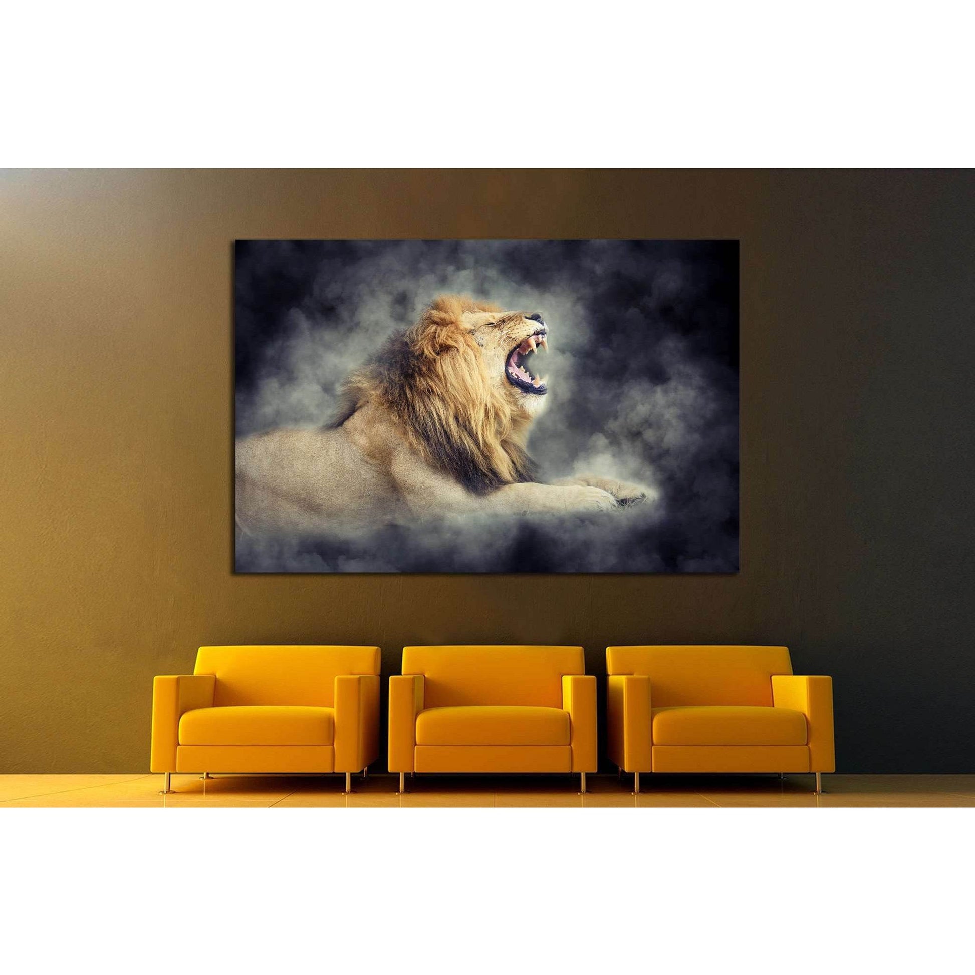 Close male lion in smoke on dark background №1833 Ready to Hang Canvas Print - Zellart Canvas Prints ALL_Products, Lion, s-1833
