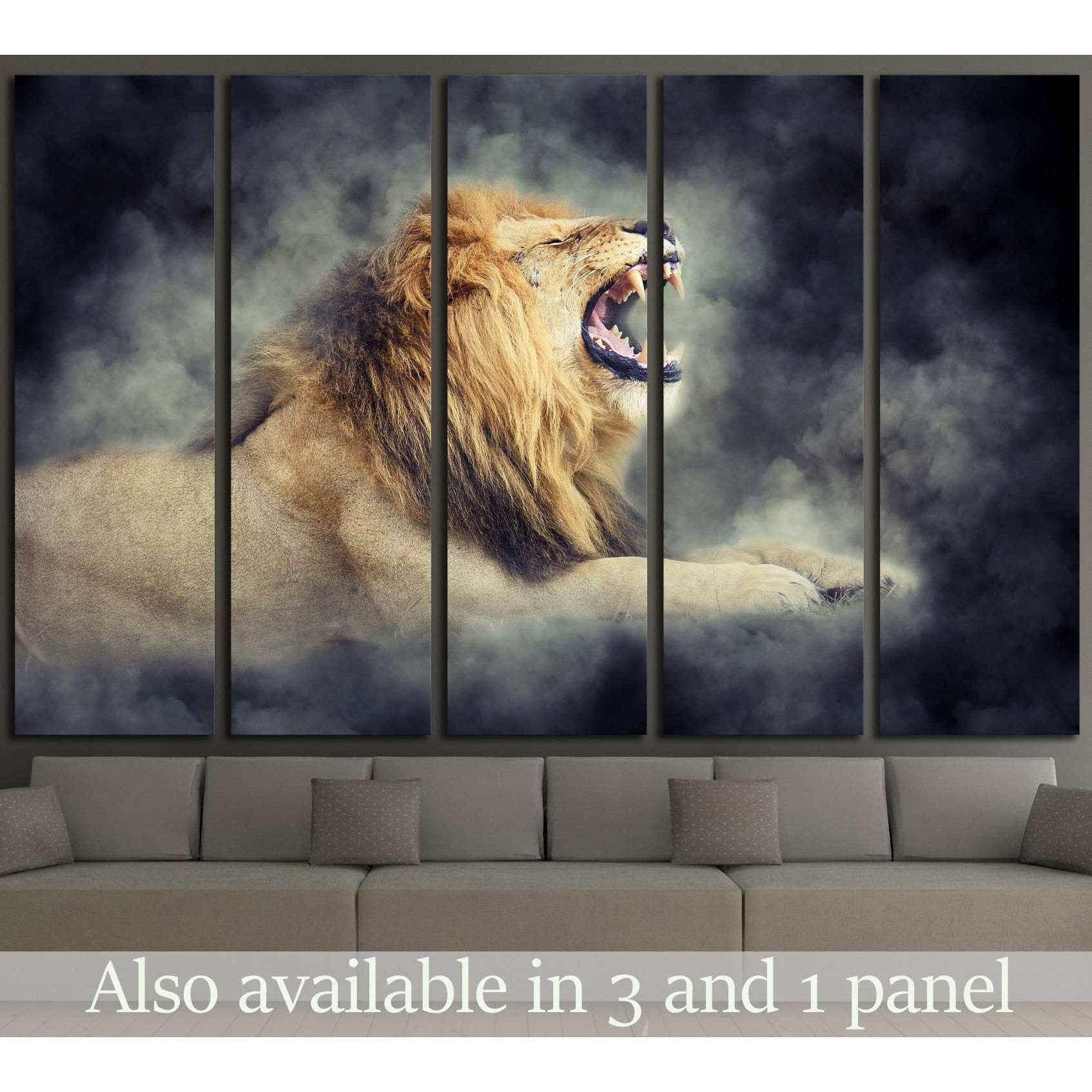 Close male lion in smoke on dark background №1833 Ready to Hang Canvas Print - Zellart Canvas Prints ALL_Products, Lion, s-1833