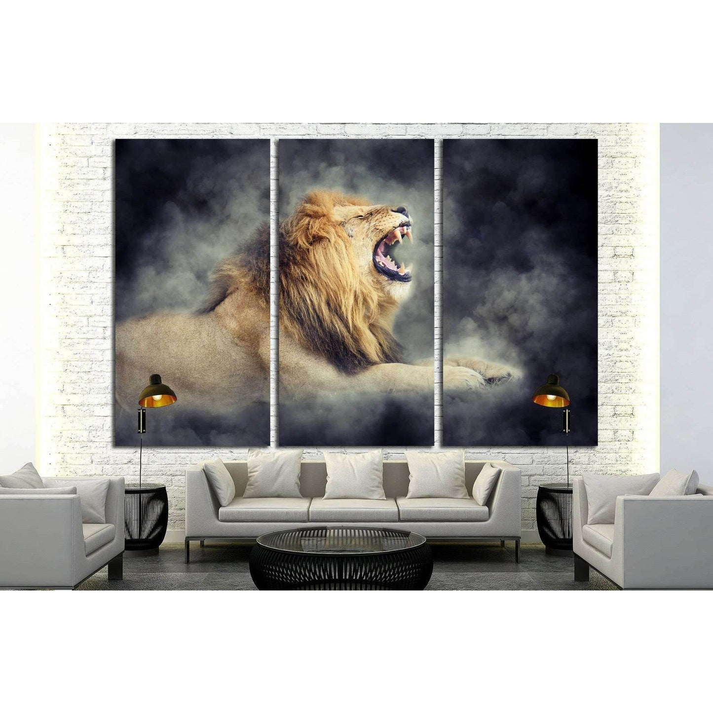Close male lion in smoke on dark background №1833 Ready to Hang Canvas Print - Zellart Canvas Prints ALL_Products, Lion, s-1833