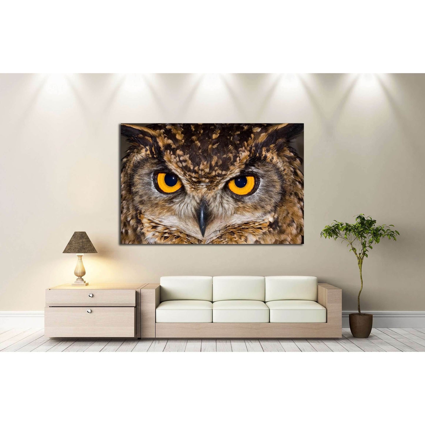 Close-up of a Cape Eagle Owl with large piercing yellow eyes №2333 Ready to Hang Canvas PrintCanvas art arrives ready to hang, with hanging accessories included and no additional framing required. Every canvas print is hand-crafted, made on-demand at our