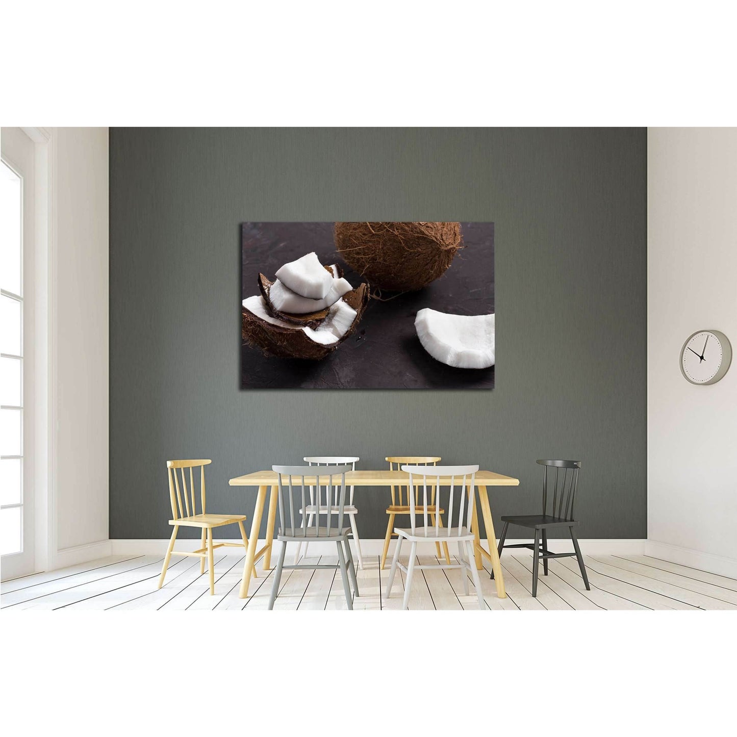 close up of pieces of ripe tropical coconut on dark background №2841 Ready to Hang Canvas PrintCanvas art arrives ready to hang, with hanging accessories included and no additional framing required. Every canvas print is hand-crafted, made on-demand at ou