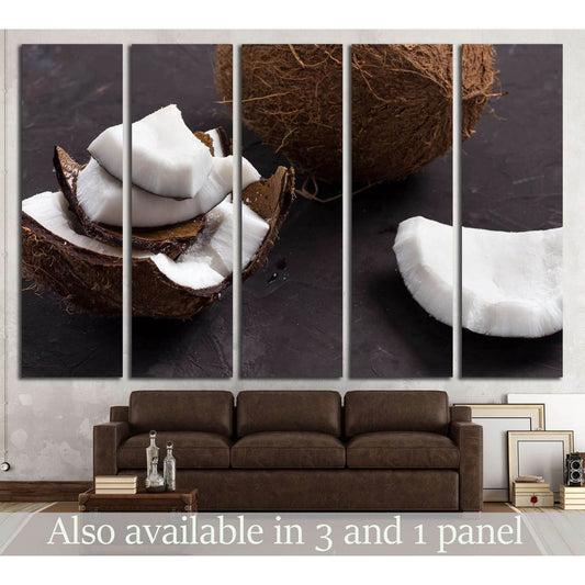 close up of pieces of ripe tropical coconut on dark background №2841 Ready to Hang Canvas Print - Zellart Canvas Prints ALL_Products, s-2841