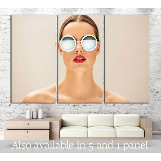 Close up portrait of pretty young woman with glasses against beige background №2758 Ready to Hang Canvas Print - Zellart Canvas Prints ALL_Products, s-2758