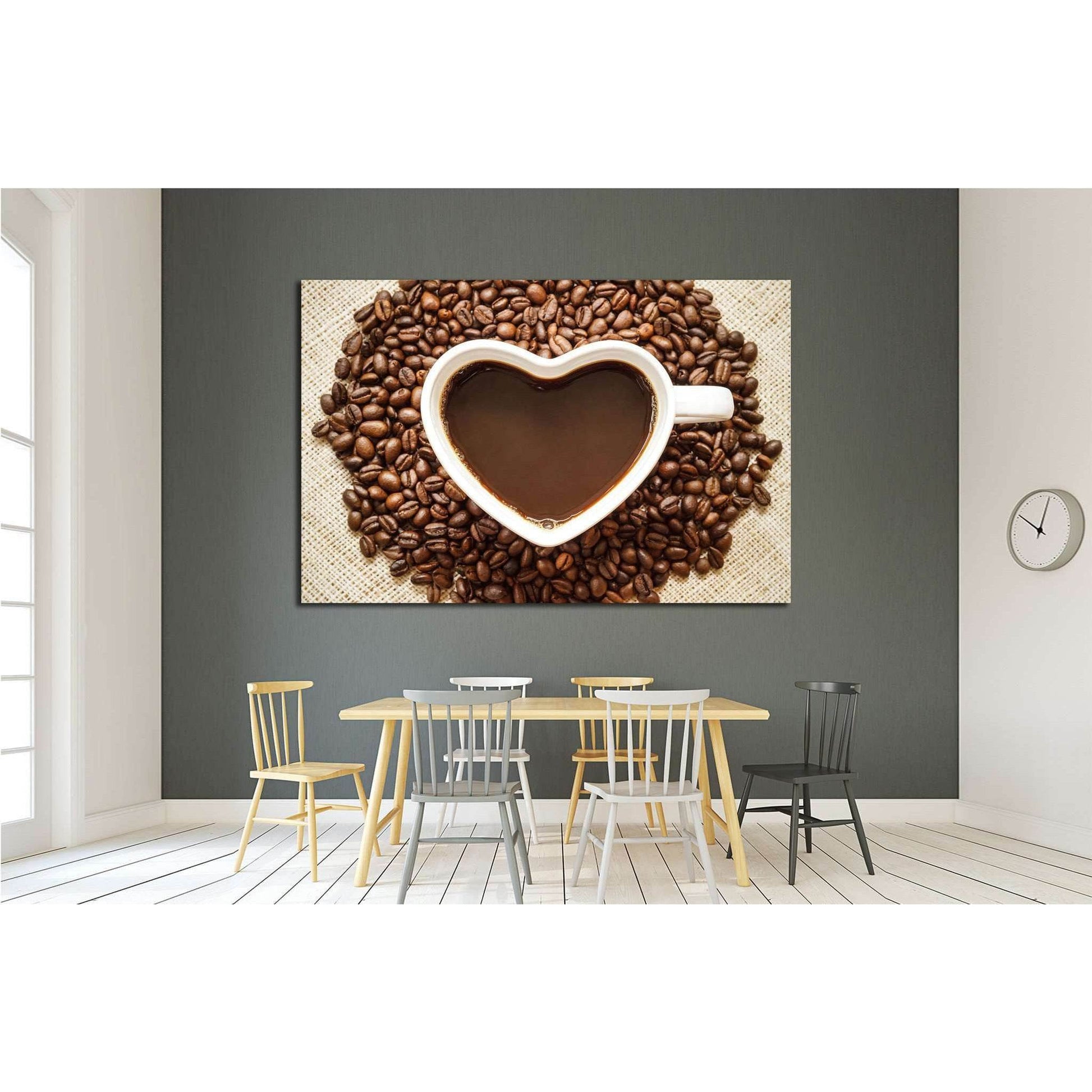 Coffee, A cup of coffee with a heart shape surrounded by coffee beans №1923 Ready to Hang Canvas Print - Zellart Canvas Prints ALL_Products, s-1923