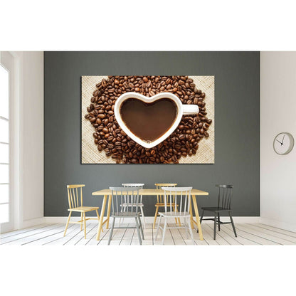 Coffee, A cup of coffee with a heart shape surrounded by coffee beans №1923 Ready to Hang Canvas Print - Zellart Canvas Prints ALL_Products, s-1923
