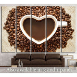 Coffee, A cup of coffee with a heart shape surrounded by coffee beans №1923 Ready to Hang Canvas Print