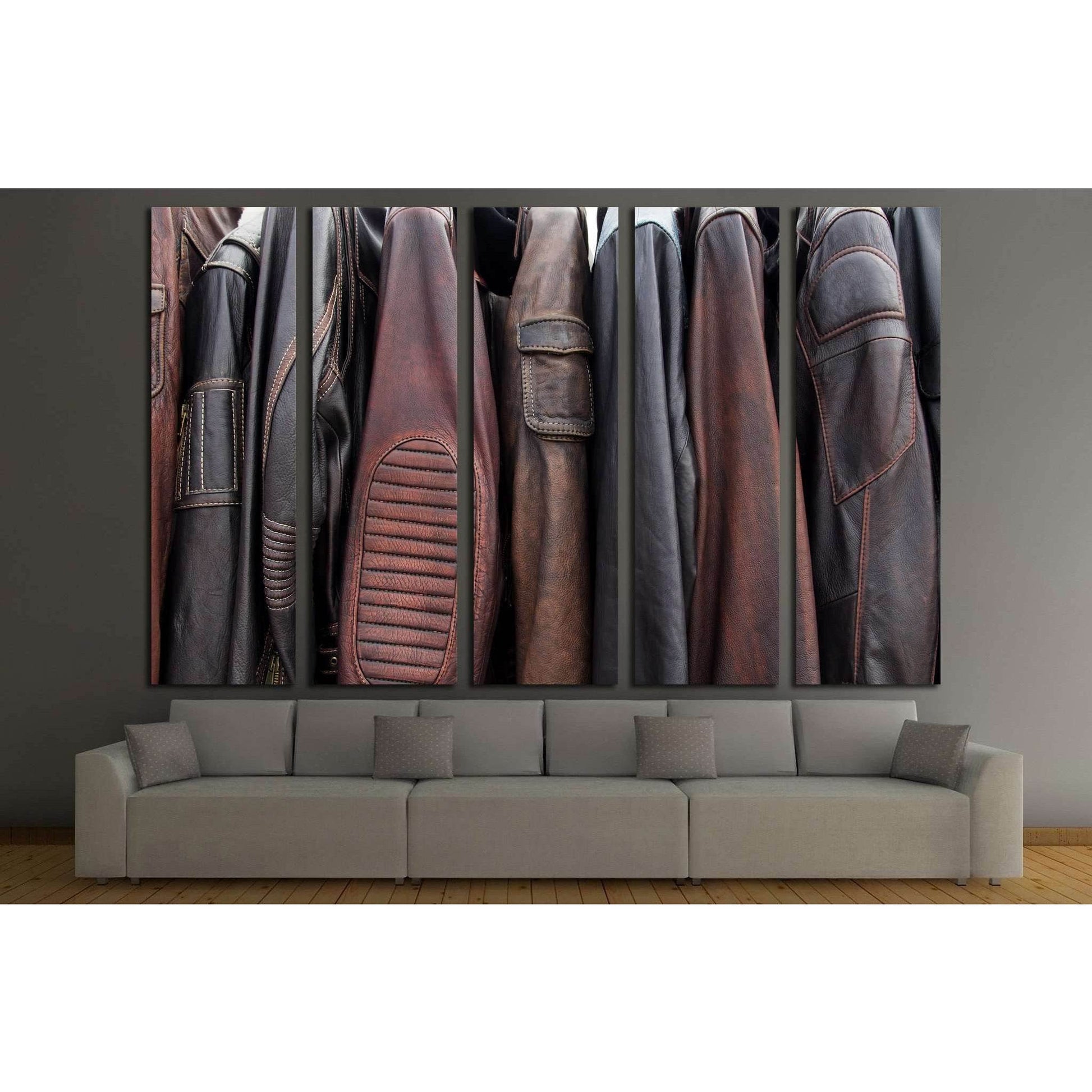 Collection of leather jackets on hangers №1880 Ready to Hang Canvas PrintCanvas art arrives ready to hang, with hanging accessories included and no additional framing required. Every canvas print is hand-crafted, made on-demand at our workshop and expertl