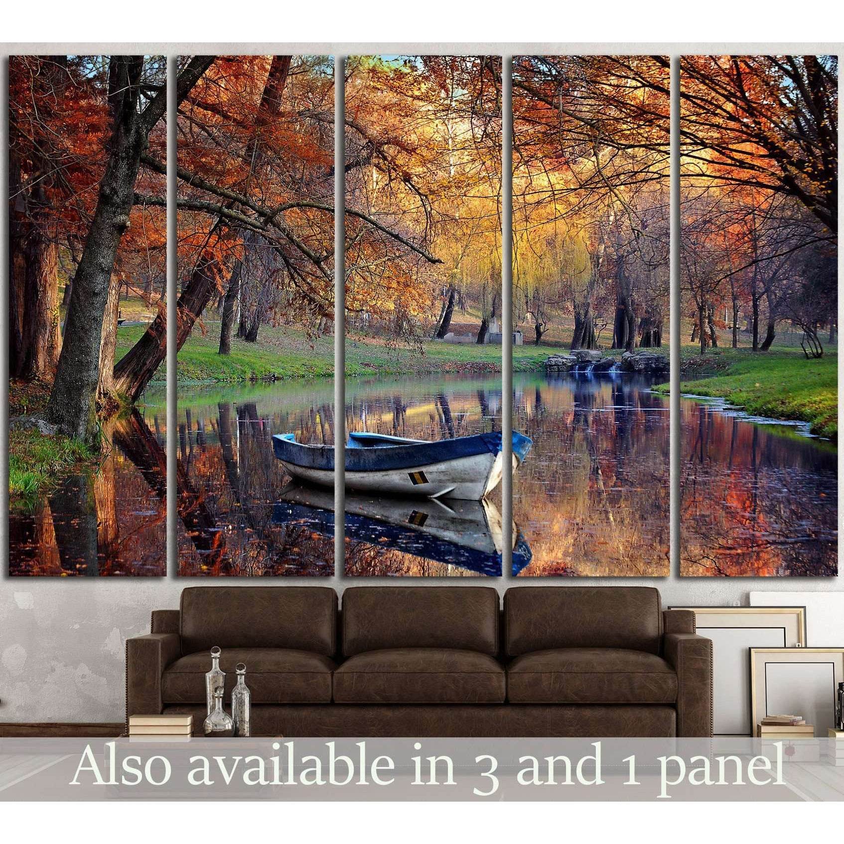 Autumn Lake Boat Canvas Print, Fall Foliage Wall Art - Zellart