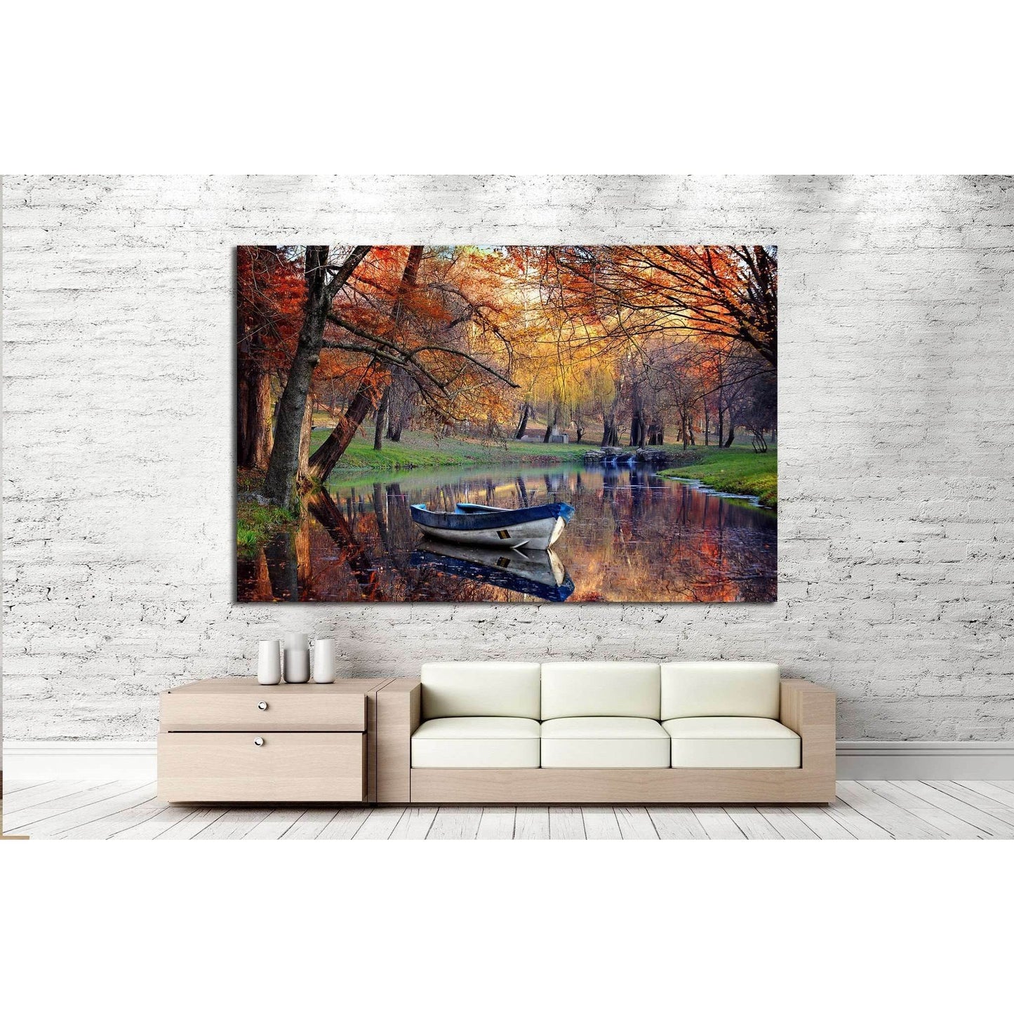 Autumn River Canvas Print for Cozy Living Room WallThis canvas print captures an autumnal scene with a solitary boat on a tranquil river, reflecting the fiery hues of fall foliage. Perfect for adding a touch of natural serenity to any living room or dinin