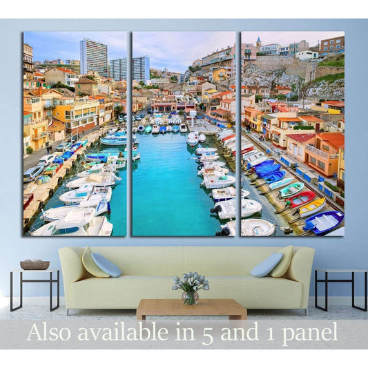 Marseille harbor triptych canvas print with turquoise marina, yachts, and colorful old town buildings