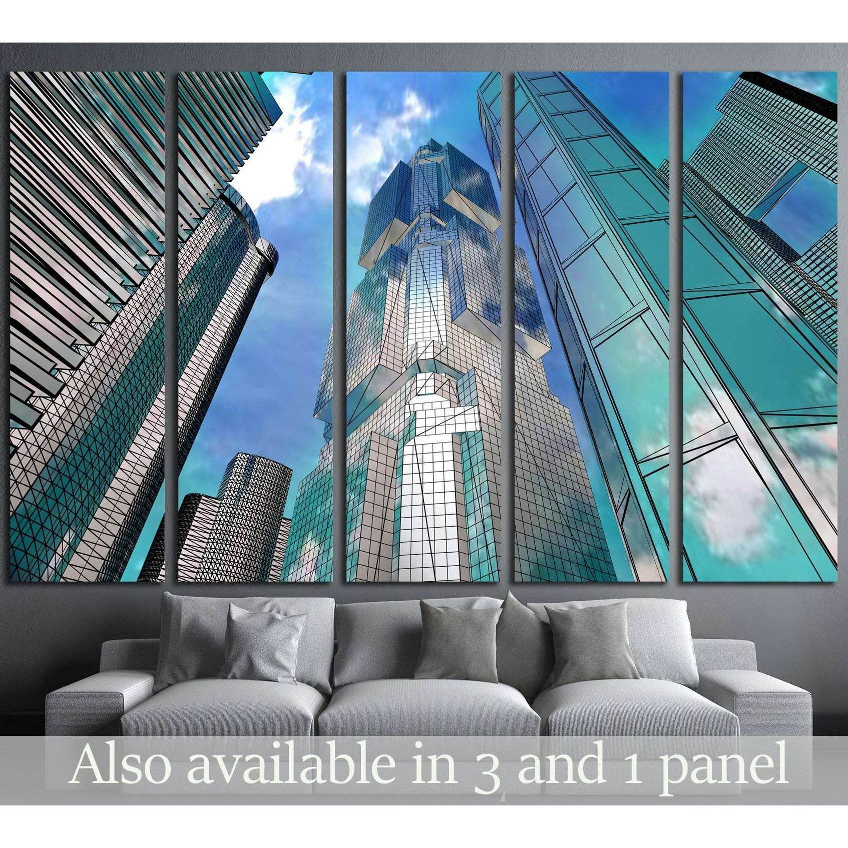 Multi-panel skyscraper canvas print with teal glass towers above a sofa in a modern office-style living room