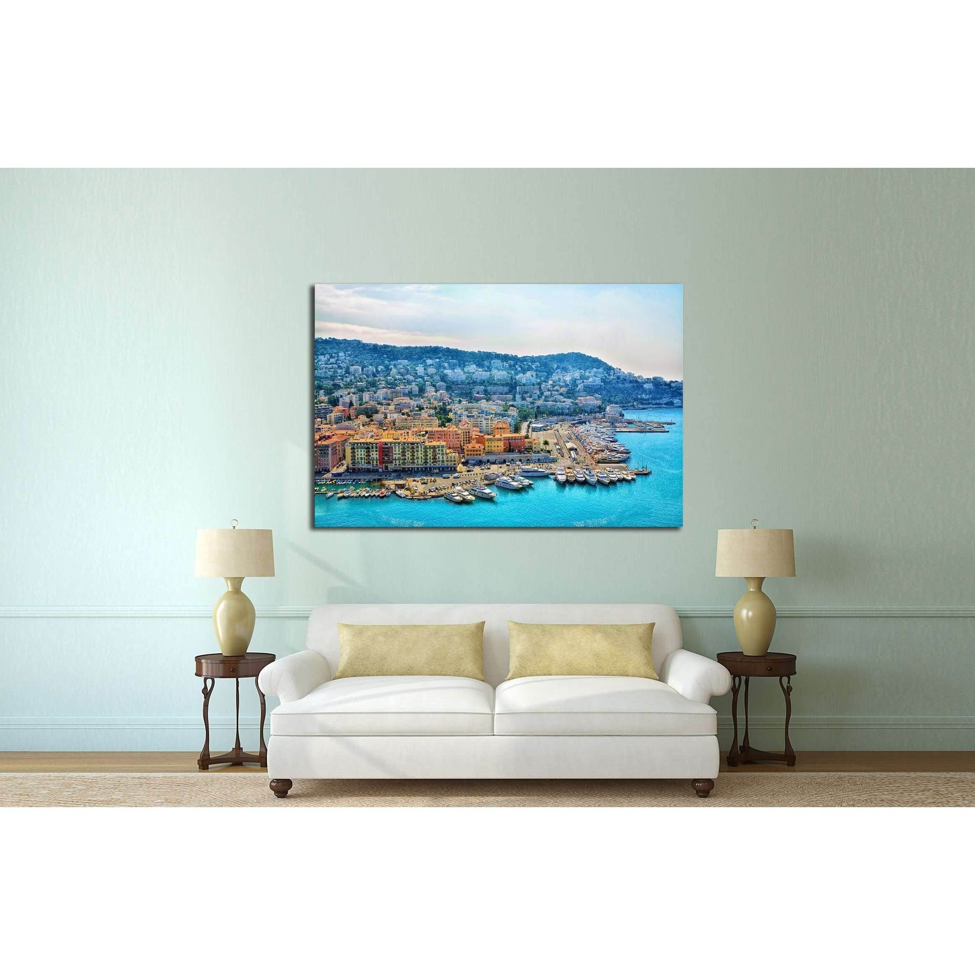 Cote d'Azur Harbor Canvas Print - French Riviera Seaside Wall ArtThis canvas print features a vibrant aerial view of the Cote d'Azur, showcasing the bustling harbor with an array of boats and the vividly colored buildings that are iconic to the French Riv