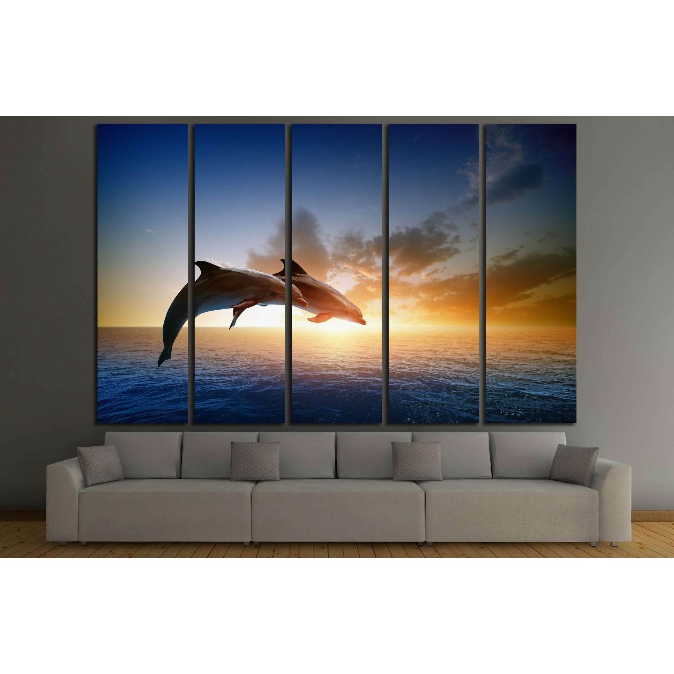 Couple jumping dolphins, beautiful sea sunset №2792 Ready to Hang Canvas Print