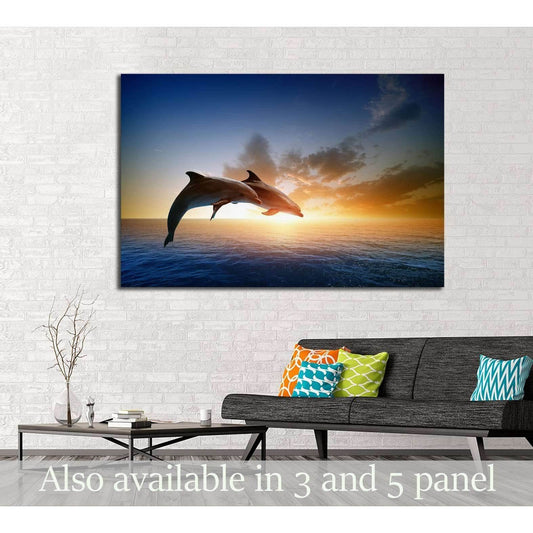 Couple jumping dolphins, beautiful sea sunset №2792 Ready to Hang Canvas Print - Zellart Canvas Prints ALL_Products, s-2792
