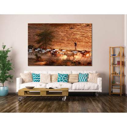 Cowherd Grazing Goats And Cows In Bagan №04227 Ready to Hang Canvas Print - Zellart Canvas Prints ALL_Products, Cow