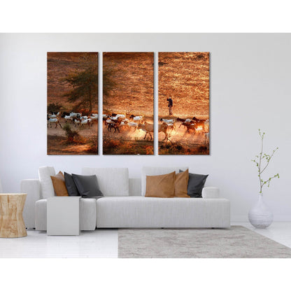 Cowherd Grazing Goats And Cows In Bagan №04227 Ready to Hang Canvas Print - Zellart Canvas Prints ALL_Products, Cow