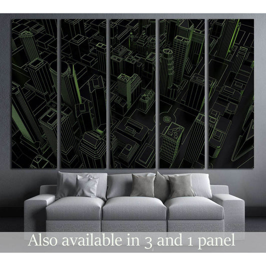 Neon green wireframe city canvas print in a five-panel layout above a gray sofa in a modern living room