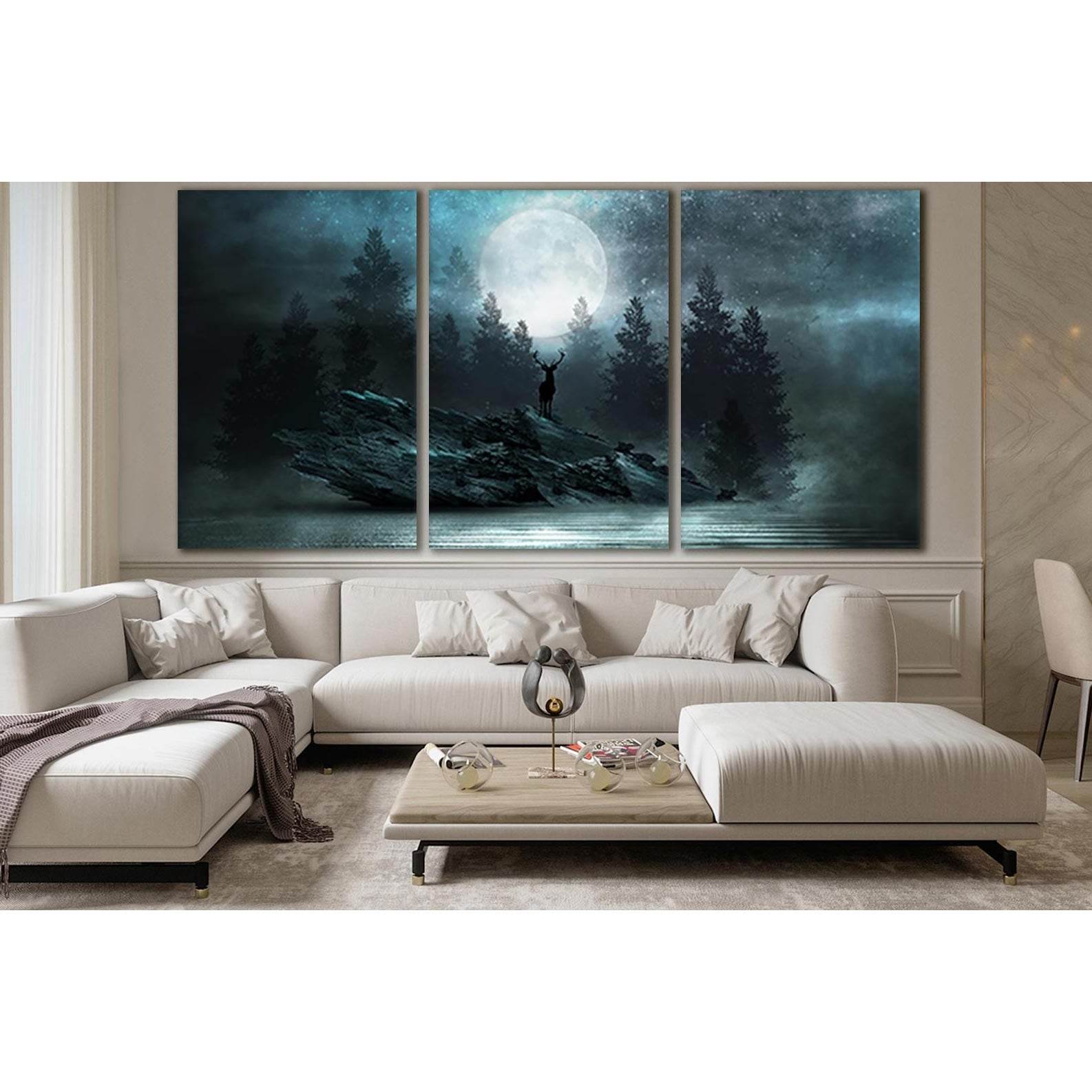 Deer On A Rock Under The Moon №SL1238 Ready to Hang Canvas Print - Zellart Canvas Prints 0new, ALL_Products, Fantasy And Sci Fi Wall Art