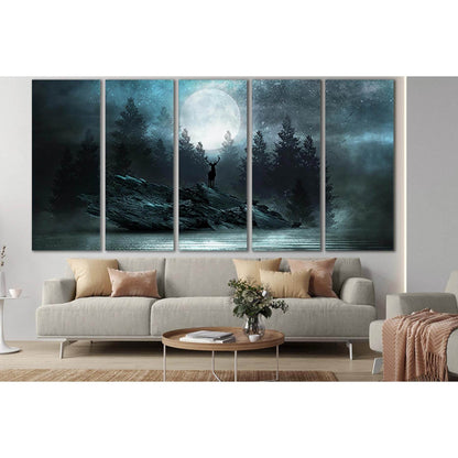 Deer On A Rock Under The Moon №SL1238 Ready to Hang Canvas Print - Zellart Canvas Prints 0new, ALL_Products, Fantasy And Sci Fi Wall Art