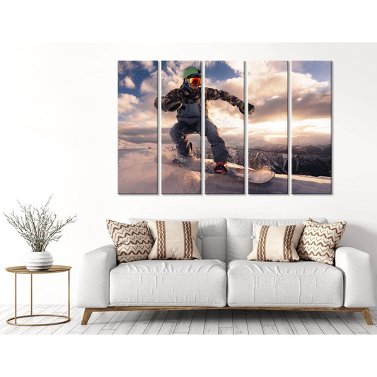 Descent Of The Snowboarder From The Mountain During Sunset №04439 Ready to Hang Canvas Print - Zellart Canvas Prints ALL_Products