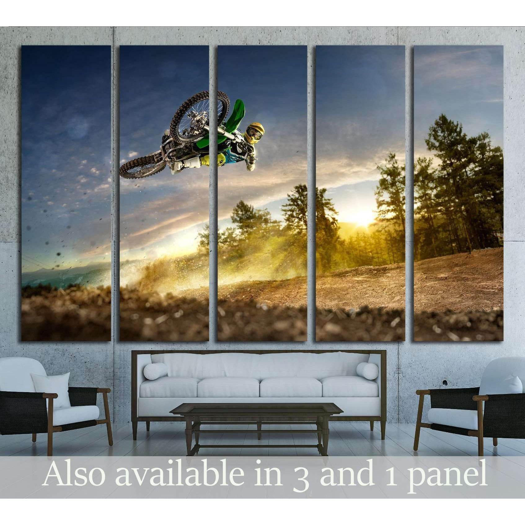 Dirt bike rider is flying high in evening №1870 Ready to Hang Canvas Print