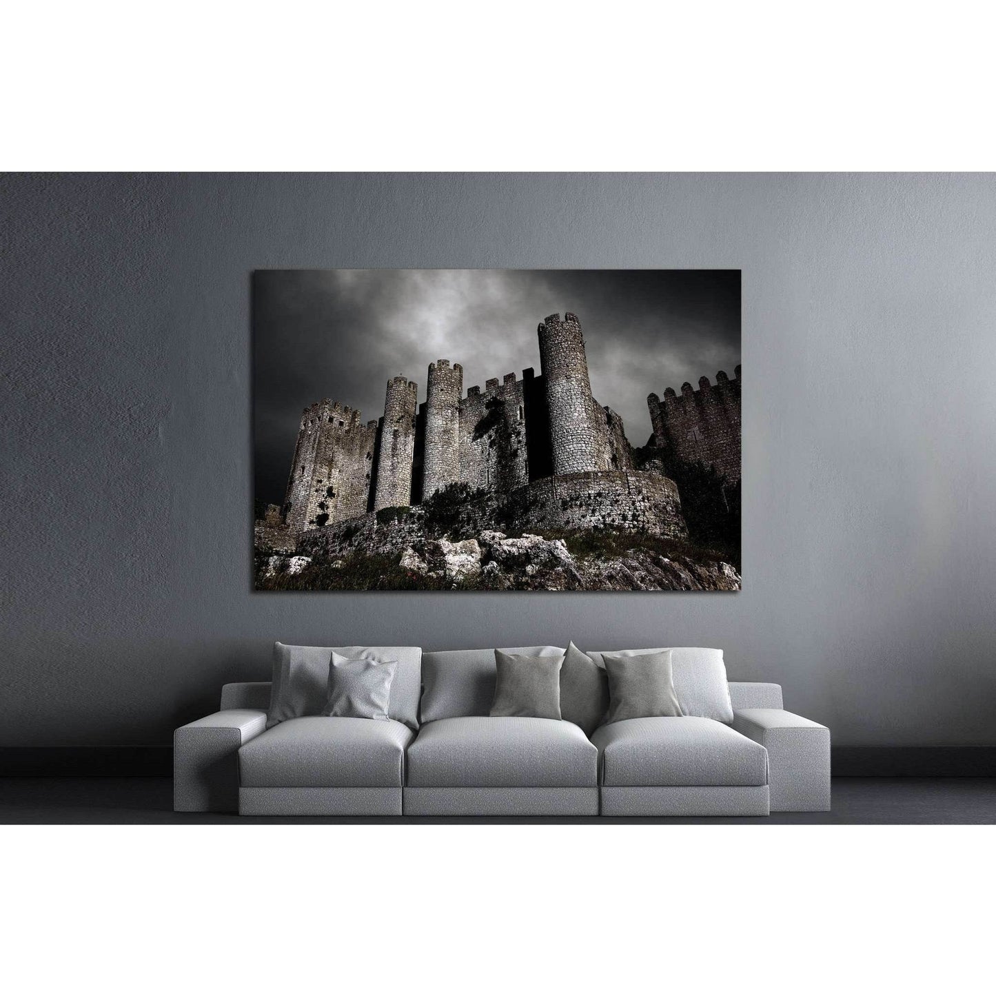 Medieval Castle Under Brooding Sky Canvas Print for Historic DecorThis canvas print portrays an imposing medieval castle set against a dramatic sky, evoking a sense of history and timeless strength. The moody atmosphere captured in this image makes it a c