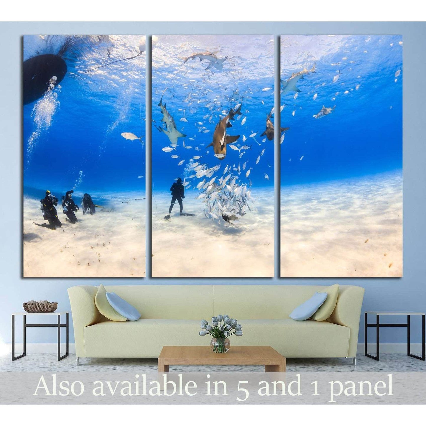 Diver surrounded by Lemon shark and caribbean reef shark on shallow clear water at Tiger beach, Bahamas №2372 Ready to Hang Canvas Print - Zellart Canvas Prints ALL_Products, s-2372