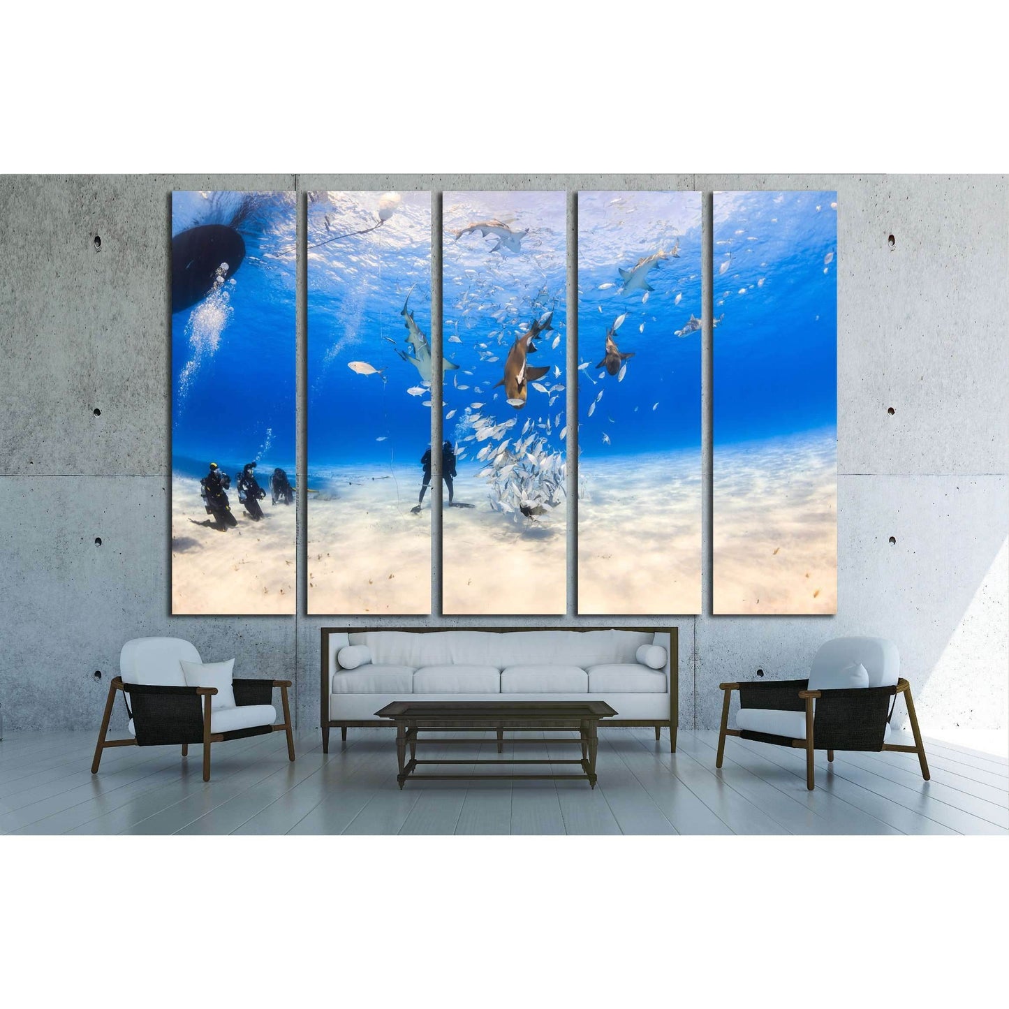 Diver surrounded by Lemon shark and caribbean reef shark on shallow clear water at Tiger beach, Bahamas №2372 Ready to Hang Canvas PrintCanvas art arrives ready to hang, with hanging accessories included and no additional framing required. Every canvas pr