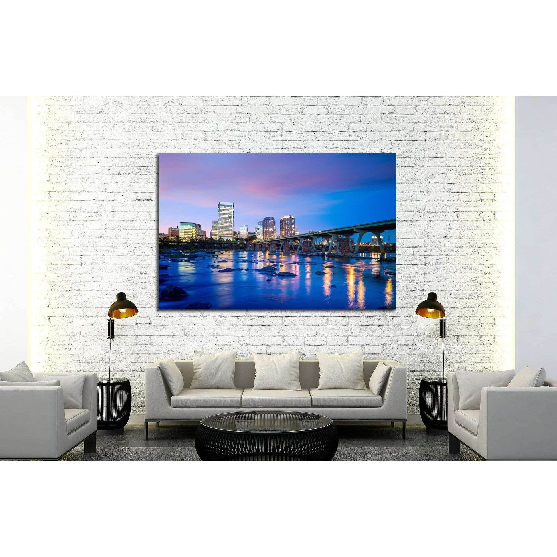 Downtown Richmond, Virginia skyline and the James River at twilight №2068 Ready to Hang Canvas Print - Zellart Canvas Prints ALL_Products, s-2068