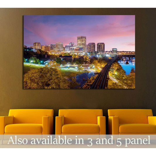 Downtown Richmond, Virginia skyline and the James River at twilight №2078 Ready to Hang Canvas Print - Zellart Canvas Prints ALL_Products, s-2078
