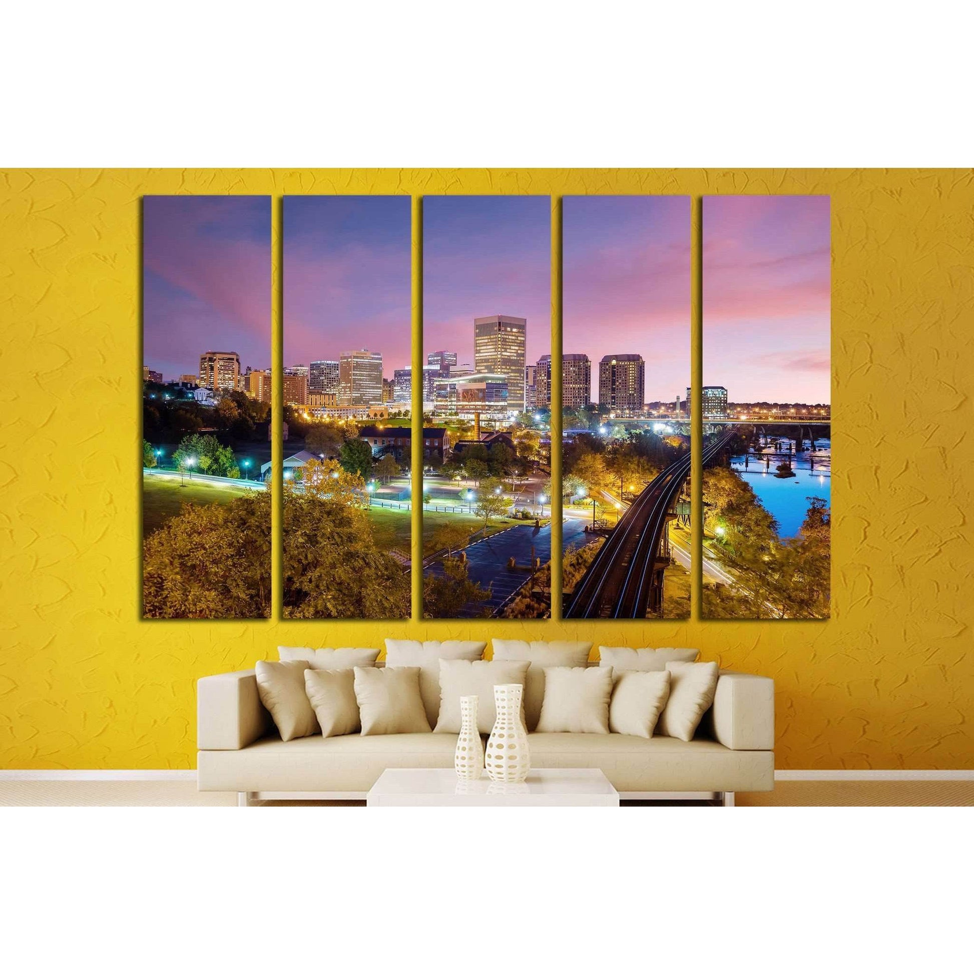Downtown Richmond, Virginia skyline and the James River at twilight №2078 Ready to Hang Canvas Print - Zellart Canvas Prints ALL_Products, s-2078