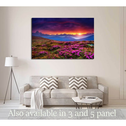 Georgia mountain sunset canvas print above sofa with pink wildflower meadow and layered blue peaks
