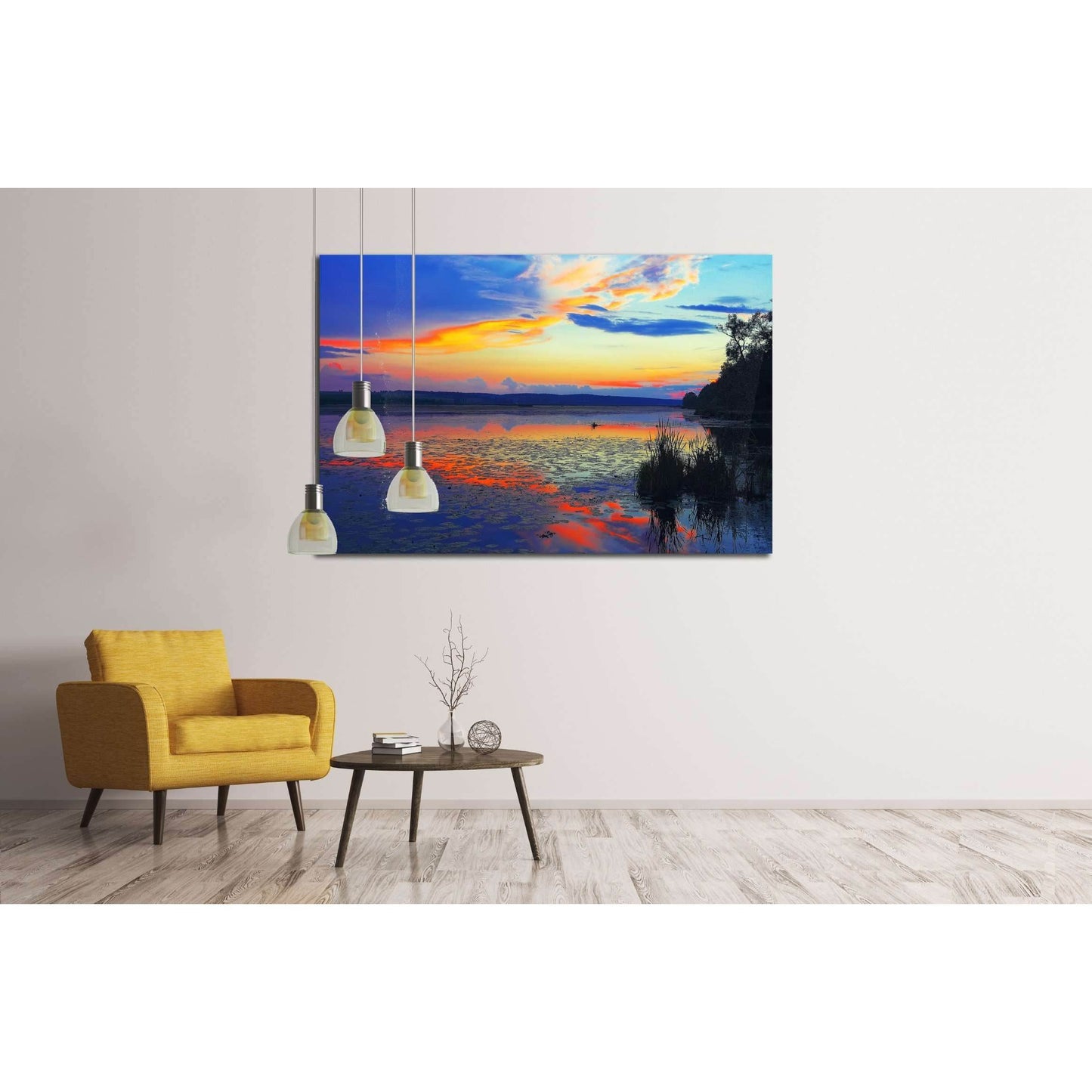 Dramatic sunset over the lake.Water lilies on the lake. Twilight. Mirror reflection in water №3111 Ready to Hang Canvas Print - Zellart Canvas Prints ALL_Products, s-3111