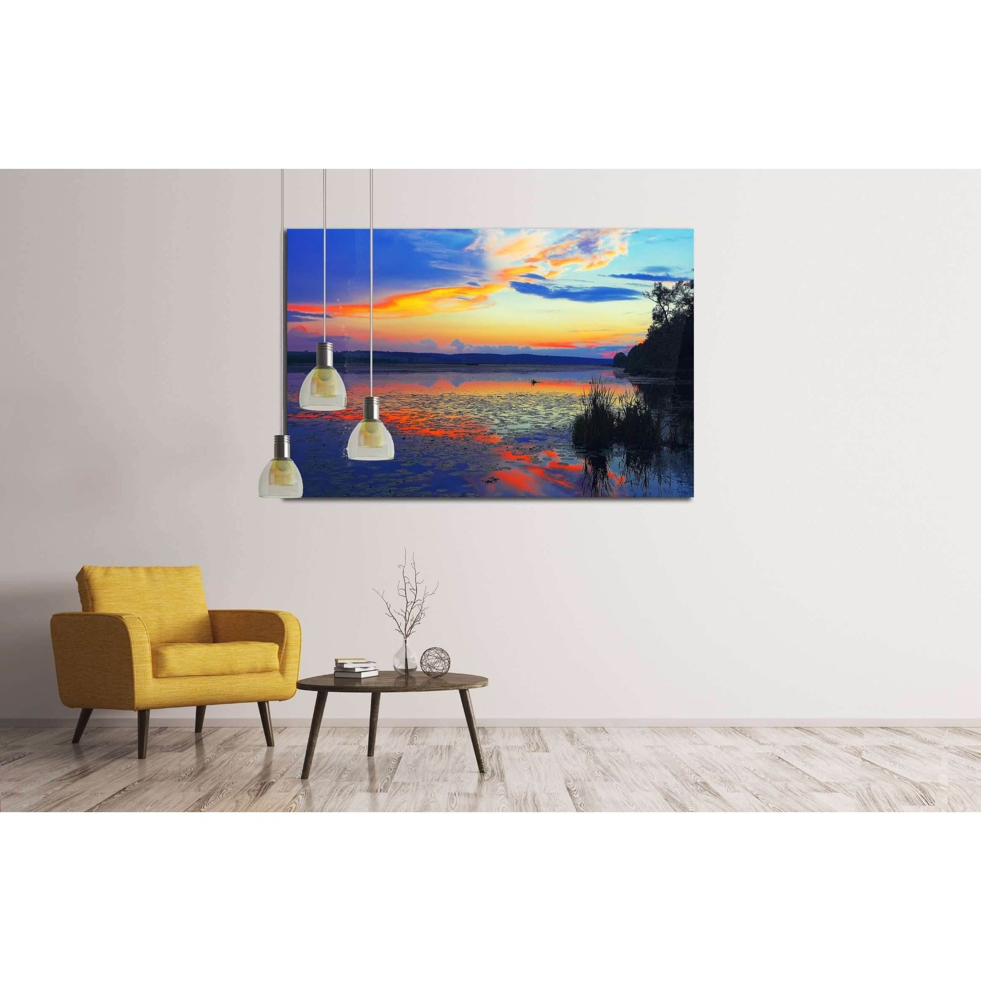 Dramatic sunset over the lake.Water lilies on the lake. Twilight. Mirror reflection in water №3111 Ready to Hang Canvas Print - Zellart Canvas Prints ALL_Products, s-3111