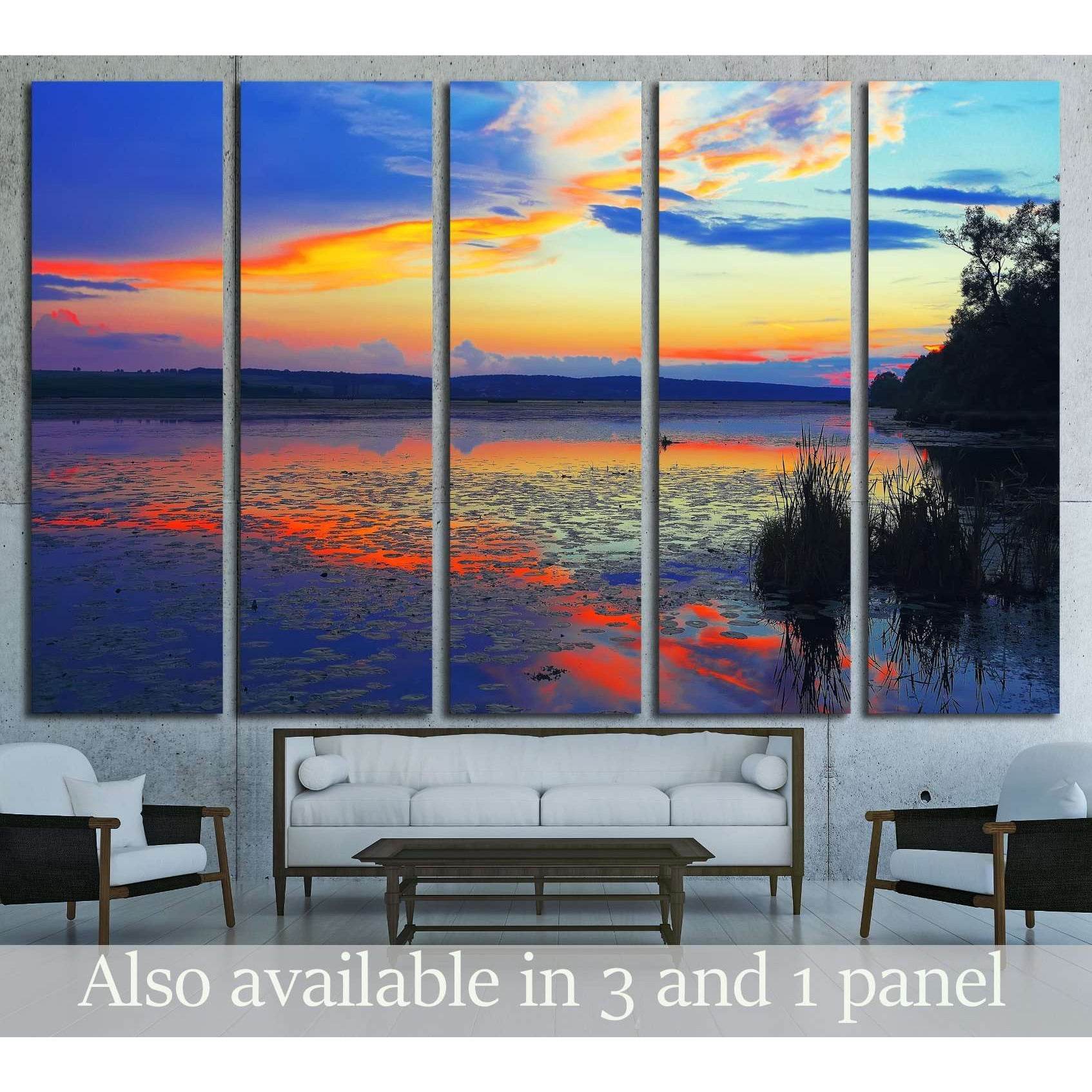 Dramatic sunset over the lake.Water lilies on the lake. Twilight. Mirror reflection in water №3111 Ready to Hang Canvas Print - Zellart Canvas Prints ALL_Products, s-3111