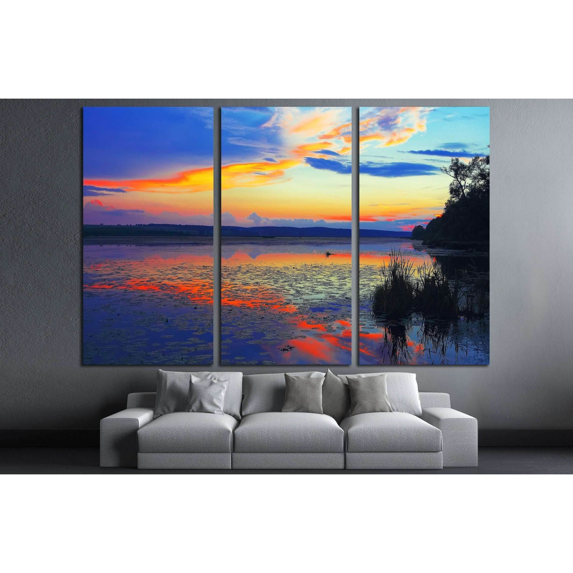 Dramatic sunset over the lake.Water lilies on the lake. Twilight. Mirror reflection in water №3111 Ready to Hang Canvas PrintCanvas art arrives ready to hang, with hanging accessories included and no additional framing required. Every canvas print is hand