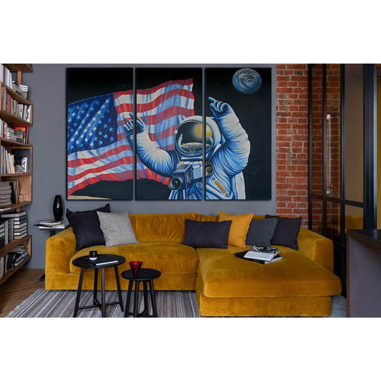 Drawn Astronauts And USA Flag №SL1168 Ready to Hang Canvas Print - Zellart Canvas Prints 0new, ALL_Products, Flags