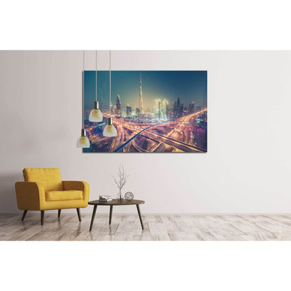 Dubai skyline at night with beautiful city with lights close to it's busiest highway №2205 Ready to Hang Canvas Print - Zellart Canvas Prints ALL_Products, s-2205