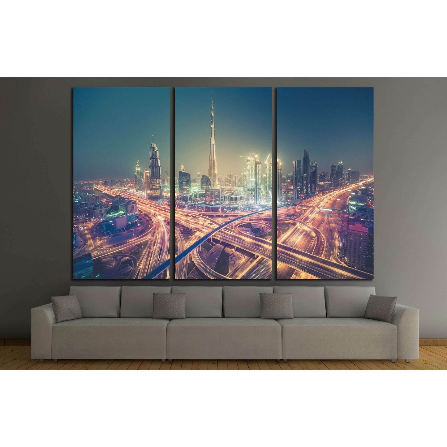 Dubai skyline at night with beautiful city with lights close to it's busiest highway №2205 Ready to Hang Canvas Print - Zellart Canvas Prints ALL_Products, s-2205