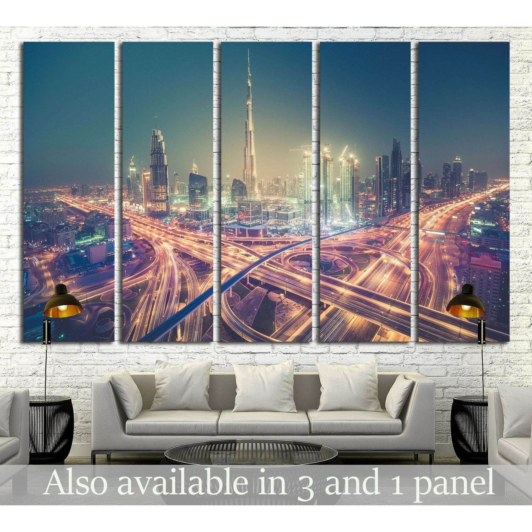 Dubai skyline at night with beautiful city with lights close to it's busiest highway №2205 Ready to Hang Canvas PrintCanvas art arrives ready to hang, with hanging accessories included and no additional framing required. Every canvas print is hand-crafted