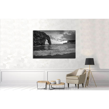 Durdle Door on the Jurassic coast of Dorset with crashing wave in Black and White №3115 Ready to Hang Canvas PrintCanvas art arrives ready to hang, with hanging accessories included and no additional framing required. Every canvas print is hand-crafted, m