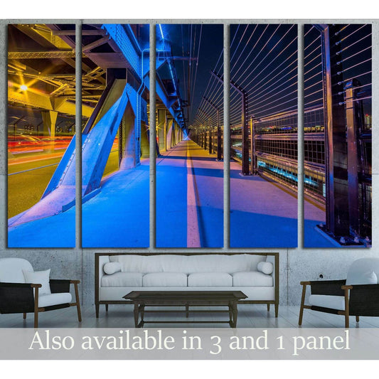 Edmonton High Level Bridge canvas print with blue-lit walkway and steel supports above a sofa