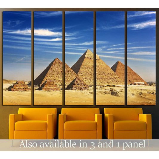 Giza pyramids canvas print in the Cairo desert under a vivid blue sky, shown as 5-panel wall art