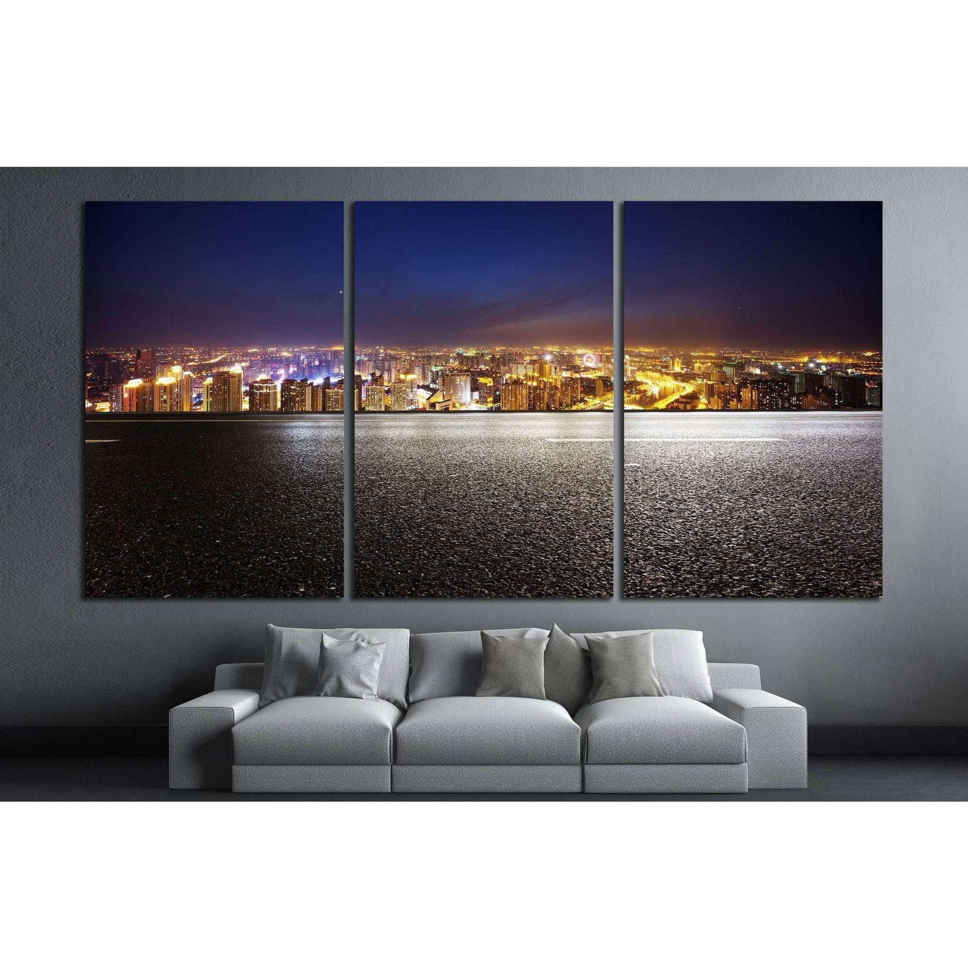 Empty asphalt road and modern skyline at night №1433 Ready to Hang Canvas Print - Zellart Canvas Prints ALL_Products, s-1433